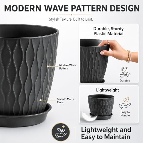 Image of SWAPKART (Pack of 5 6 Inch Plastic Flower Pots for Indoor & Outdoor Terrace,Garden Plants Decorative Planters with Drainage Holes & Matching Saucers Durable & Lightweight (Black)