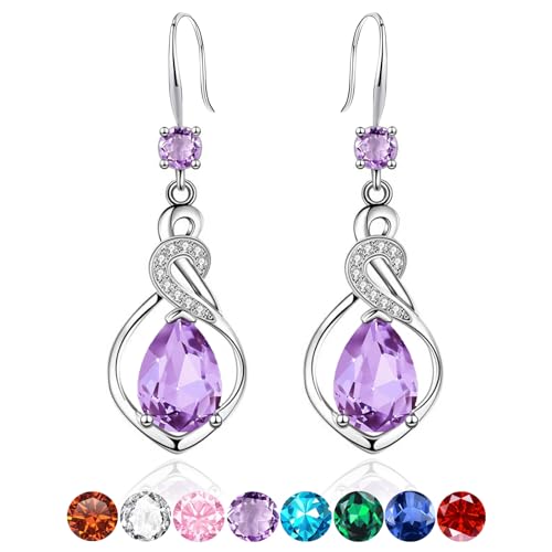 Silver Drop Earrings for Women Hypoallergenic Sterling Silver Post Cubic Zirconia Dangly Earrings Twisted Linear Amethyst Earring Jewellery Gifts for Her Birthday Anniversary Christmas