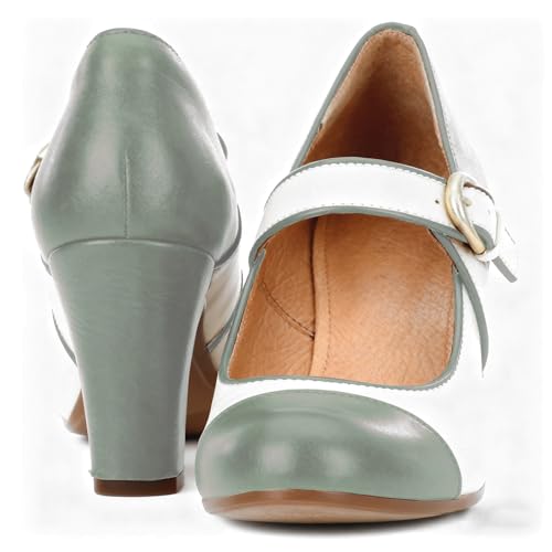 Image of SHODENSE Women Vintage Chunky High Heel Mary Jane Shoes Round Closed Toe Ankle Strap Dress Sandals 3 inch Block Heels Mary Jane Lolita Pumps Two-Toned Patchwork Buckle Office Lady Wedding Retro 4-11 M US