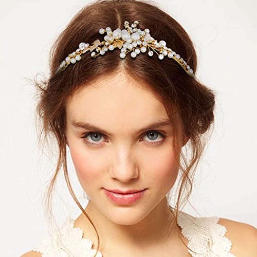 IYOU Flower Girl Headband Pearl Gold Headpiece Crystal Leaf Bridal Wedding Hair Pieces Accessories for Brides and Bridesmaids - Image 4