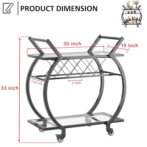 Image of LVB Bar Cart with Glass, Black Bar Cart with Wheels, Home Bar Serving Cart | 2 Tier Glass Shelves Bar Cart with Storage, Wine Cart with Wine Rack, Liquor Cart for Kitchen, Bar, Dinning Room