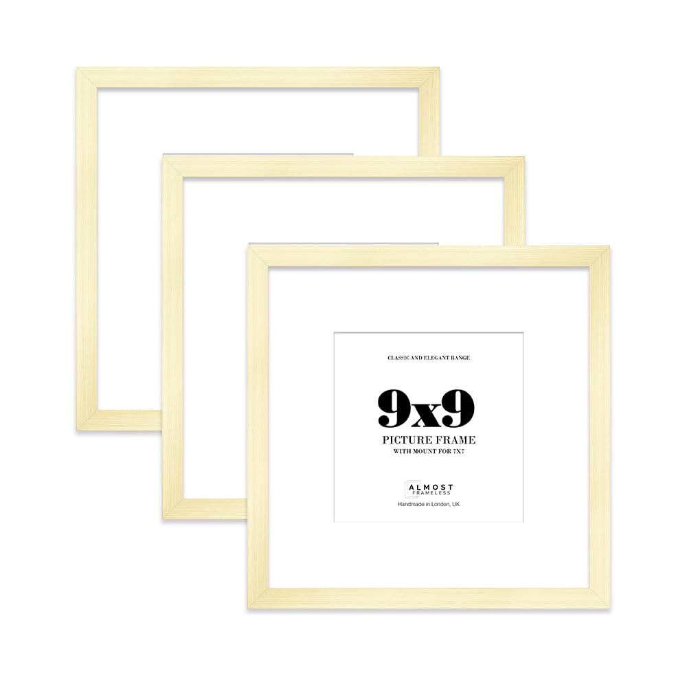 9x9 Gold Picture Frame with Mount for 7x7 Photos, Prints - Modern Square Wall Frame, Set of 3