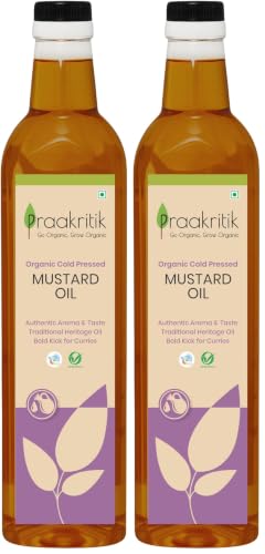 Image of Praakritik Organic Cold Pressed Mustard Oil 1L Kachi Ghani Mustard Oil, Kachi Ghani Sarso Ka Tel 1L, 100% Certified Organic Oil (Pack of 2)