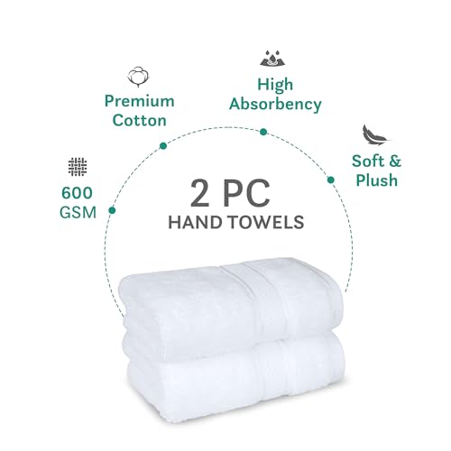 Image of MYTRIDENT Towels for Hand, Indulgence Collection, 100% Cotton Towels for Men /Women, 600 GSM, 2 Pc Hand Towel Set Luxury, 40 cm x 60 cm - Bright White