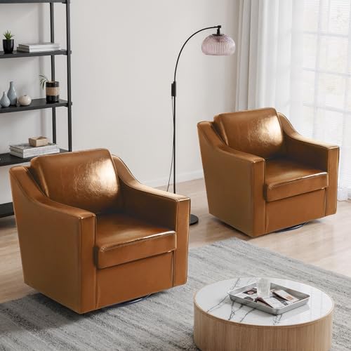 UIXE Swivel Accent Chairs Set of 2, PU Leather Club Chair Upholstered Armchair for Living Room, Comfy Single Sofa Bedroom Side Reading Seat with Lumbar Pillow - Light Brown