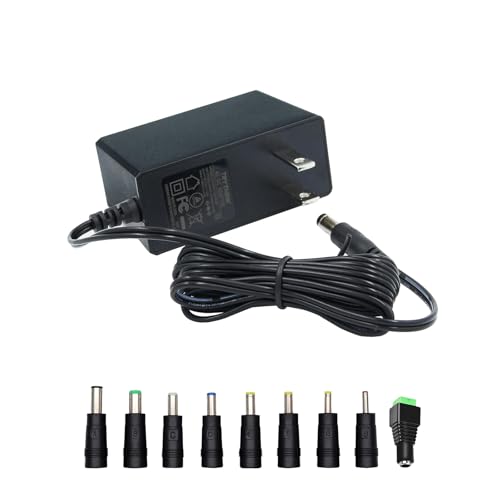 12V Power Supply 12V 2A 24W Power Supply AC100-240V to DC 12 Volt Adapter with 5.5mm x 2.1mm Tip and 9 Interchangeable Jacks Plug for LED Strip Lights CCTV Cameras Routers and More