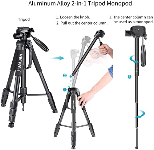 NEEWER Portable Camera Tripod for Travel Vlogging Recording, Aluminum Alloy 2 in 1 Tripod Monopod Max. 70" with 3 Way Swivel Pan Head and Carrying Bag for DSLR, DV Video Camcorder (SAB264, Blue) by NEEWER - Image 2