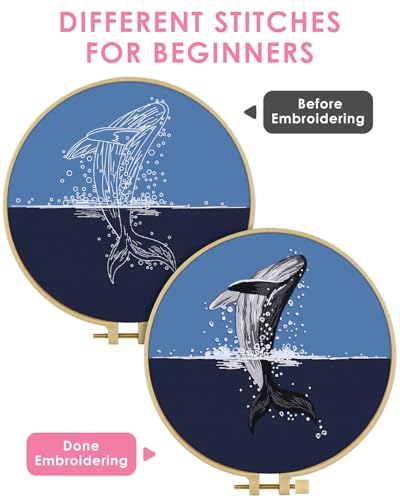 Image of TINDTOP Embroidery Kit for Beginners Adult, Whale Embroidery Practice Kit | Include Embroidery Cloth Hoops Threads for Craft Lover Hand Stitch with Embroidery Skill Techniques