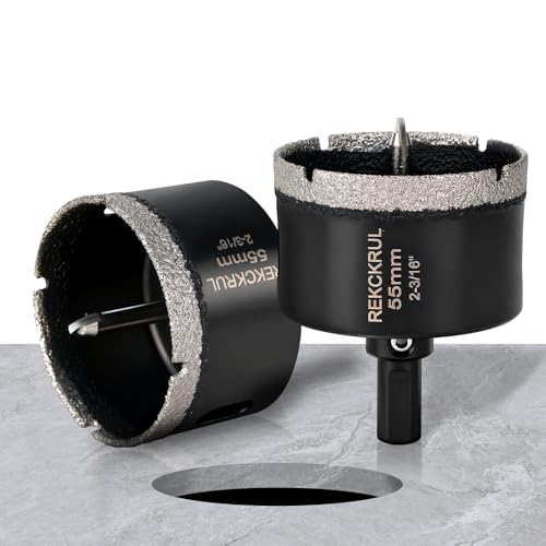Image of 2-3 /16 Inch Diamond Hole Saw with Pilot Drill Bit 2PCS | Premium Tile Hole Saws Porcelain, Ceramic, Granite, Marble, Glass , 1-3 /8 inch Cutting Depth, Serrated Edge Wet /Dry Use (55mm)