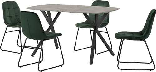 Seconique Athens Dining Table Set with 4 Lukas Dining Chairs in Concrete/Emerald Green Velvet