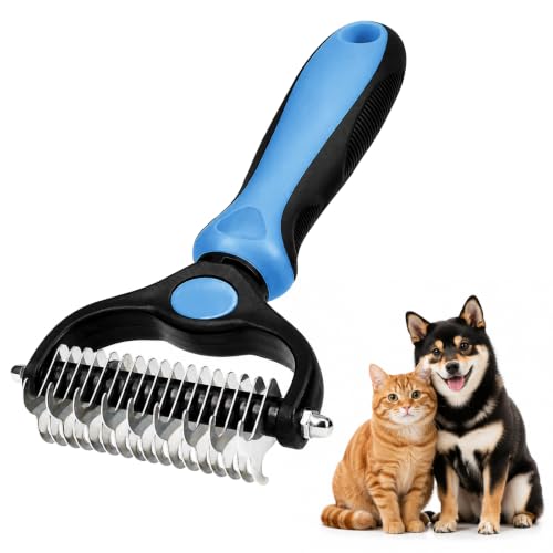 Soodyoow Spazzola per Cani e Gatti, Pettine Doppia Faccia 17+9 in Acciaio Inossidabile, Strumento per Rimuovere Peli Morti e Nodi per Animali a Pelo Lungo Medio Corto (Blu)
