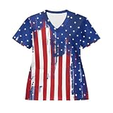 AQYAPTOIY American Flag Medical Scrubs for Women USA 250th Anniversary Scrub Top Womens Patriotic Scrub Tops with Pockets Stretch Short Sleeve Nursing Uniform