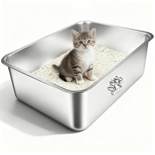 Arenero de acero inoxidable para gatos, lados altos, fácil limpieza miniatura 1
