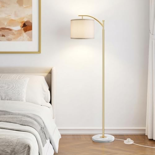 Image of ROTTOGOON Gold Floor Lamp for Living Room with Marble Base, Modern Standing Lamp with 3 Color Temperatures Bulb & Adjustable Linen Shade, Tall Lamp for Bedroom Office Reading Nursery