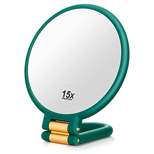 Aneimiah 1X 15X Magnifying Travel Hand Held Vanity Mirror,Compact Double Side Folding Magnification Hand Mirror For Women With 360° Rotating Handle Table Desk Small Round Make Up Mirrors Green #TOP25