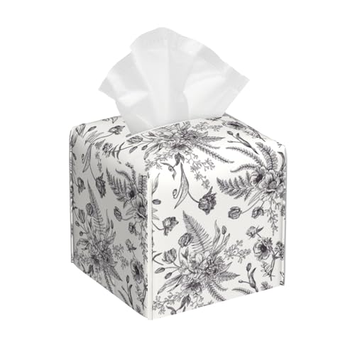 Black and White Flowers Tissue Box Cover Square,Vintage Floral Plant Leaves Tissue Box Holder Waterproof Leather Facial Paper Organizer Dispenser for Bathroom Home Car Nightstand Vanity Desk by sndheke - Used condition - US$10.58