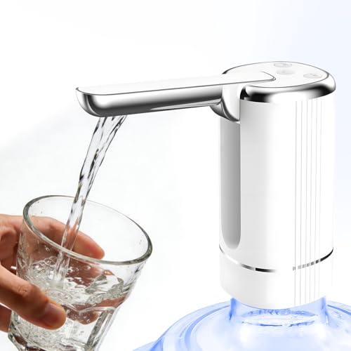 Water Dispenser Pump for 5 Gallon Water Bottles, USB Type-C Rechargeable with 1200mAh Battery, Foldable Spout, One-Touch Control (40s/80s), Powerful Suction for Home, Office, Camping - White