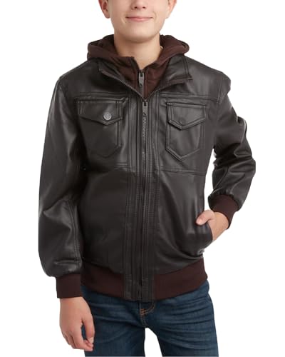 URBAN REPUBLIC Boys Leather Jacket - Faux Leather Bomber Jacket with Fleece Lining - Motorcycle Jackets for Boys (Sizes 8–20)