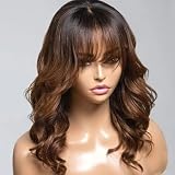 Ombre Brown Layered Cut Wavy Human Hair Wig With Bangs HD Transparent 13X4 Glueleee Lace Front Brazilian Human Hair Wig Bleached Knots 1B 30 Colored Loose Wave Bangs Wig 150 Density for Women 16'