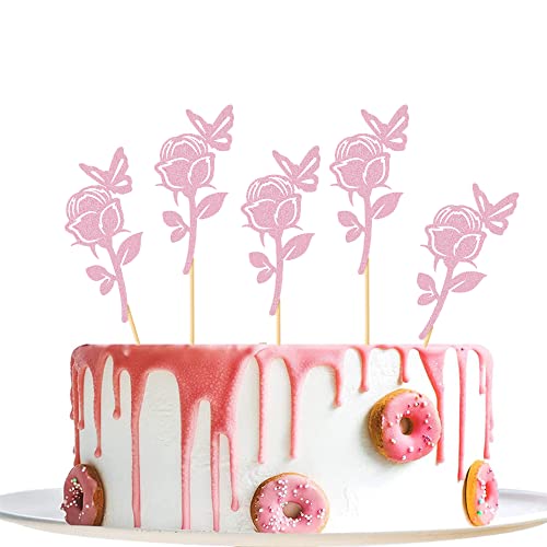 24 Pcs Rose Cupcake Toppers Flower And Butterfly Birthday Party Cake Decor Valentine's Day Decoration Dessert Insert Mgpferd #TOP1