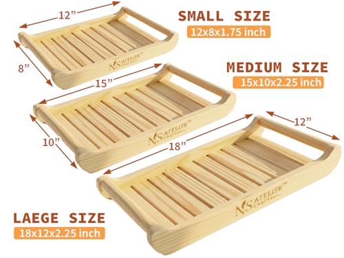 Image of Wooden Serving Tray with Handles | Solid Wood Tray for Tea, Coffee, Breakfast & Kitchen Use | Heavy Duty, Premium Finish | Set of 3 Small, Medium & Large Size Options (12x8, 15x10, 18x12 Inch)