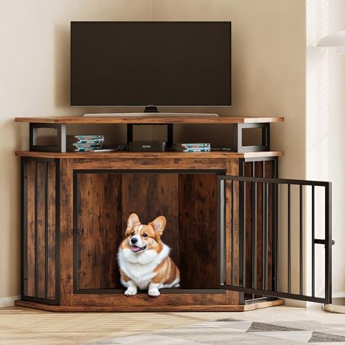 IRONCK 44" Corner Dog Crate with 2-Tier Shelves, Wooden Dog Kennel Furniture, Dog Kennel Indoor Furniture for Small and Medium Dogs, Rustic Brown (23.6" L x 43.3" W x 32.3" H) - Image 4