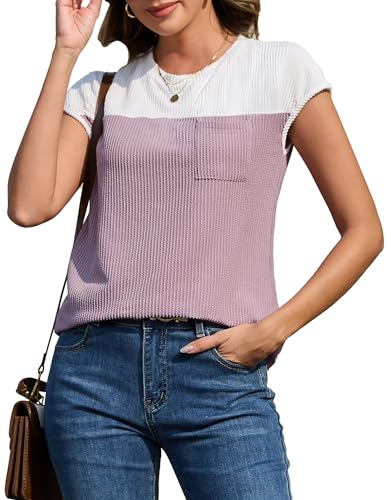 Image of Wedtrend Women's Tops Cap Sleeve Ribbed Knit Sweater Spring Casual Shirts Crew Neck Block Color Business Pullover Blouse