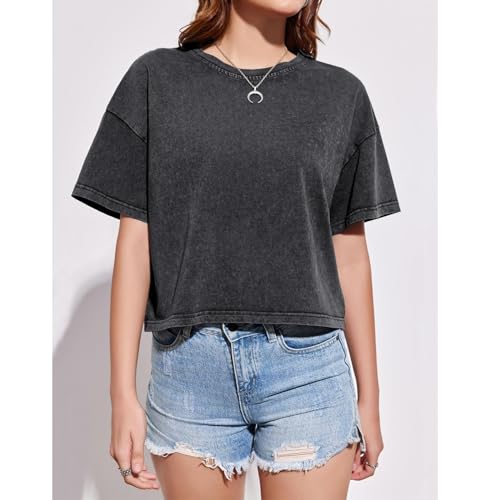 Cotton Loose Crop Tops for Women Acid Wash Cropped T Shirts Trendy Vintage Basic Tees Casual Short Sleeve Tshirt2