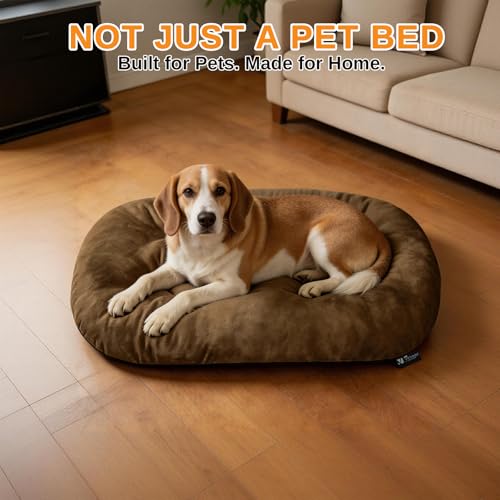Image of Washable Oval Dog Bedfor Medium Dogs,Silver-Tipped High-Resilience,Brown | Non-Slip Bottom Prevents Sliding, Soft Plush Short Fur, Machine Washable, Ideal for Crates /Apartments /Cozy Nooks,29 inchx18 inchx2.8 inch