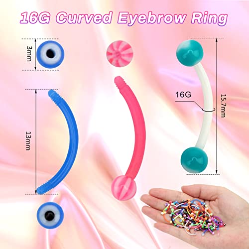 CrazyPiercing Colorful Ball Acrylic Flexible Curved Bar Eyebrow Rings Tragus Piercing Jewelry, 50Pcs, 16G4