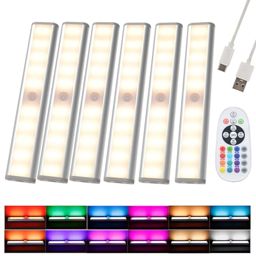 Under Cabinet Lighting Wireless with Remote, 48 LED Rechargeable Under Cabinet Lights, Kitchen Counter Light Dimmable LED Closet Lights RGB Bar for Shelf, Car, Hallway, 15 Color Changing, 6 Pack