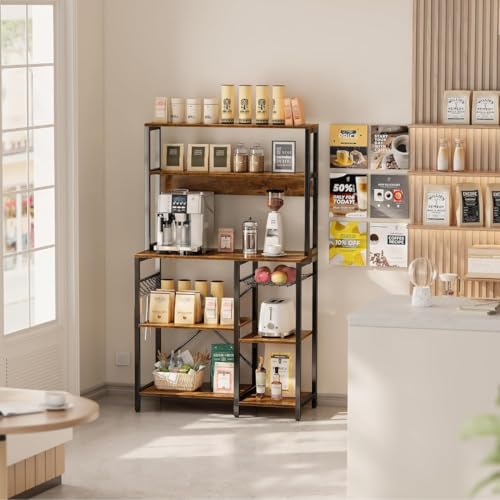 Image of 5-Tier Kitchen Storage Rack | Microwave Stand with Organizer | Kitchen Shelf Unit | Coffee Bar Organizer | Heavy Duty Metal & Wood Cabinet | Rustic Brown | 90x40x150 cm
