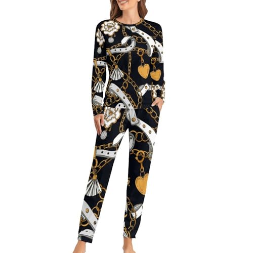 Pyjama Femme avec T-Shirt Manches Longues et Pantalon Imprimé Chaîne