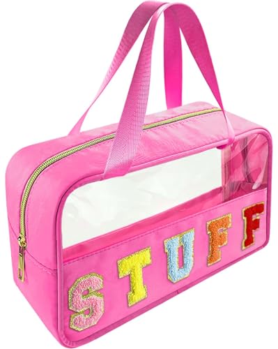 Chenille Letter Clear Makeup Bag Stuff Patch, Travel Toiletry Makeup Bag with Handle, Nylon Waterproof Makeup Bags clear cosmetic bag, preppy patch makeup bag for Women (STUFF-Hot Pink)