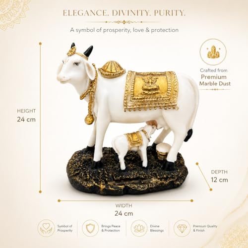 Image of ARMONIA Kamdhenu Cow with Calf Idol for Home Decor | Dust Marble Finish Gau MATA Statue | Vastu & Feng Shui Good Luck Showpiece for Living Room, Pooja Room | Wedding & Housewarming Gift (24cm)