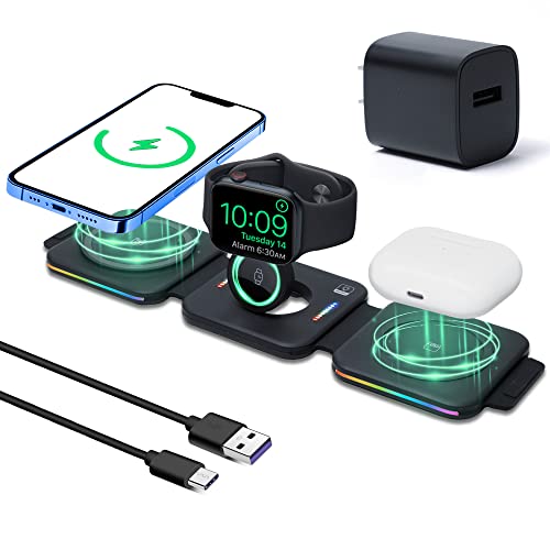 3 in 1 Wireless Charger Magnetic Foldable 3 in 1 Charging Station Fast Wireless Charging Pad for iPhone 14/Pro/Max/Plus/13/12 Series AirPods 3/2/Pro iWatch 8/7/6/5 (Adapter Included)