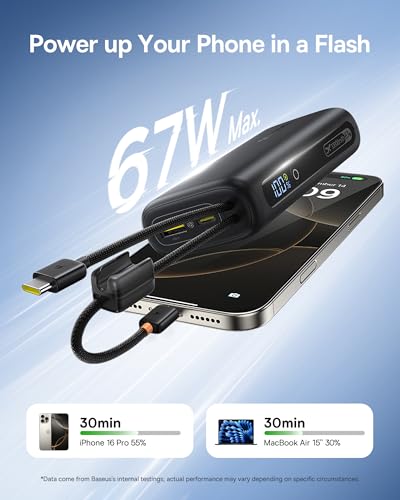 Image of Baseus Mini Power Bank Fast Charging 67W, 10000mAh Small Portable Phone Charger Built-in Dual USB C Braided Cable, Travel Essential Battery Pack for iPhone 17 /16 /15, iPad, Samsung Galaxy S25 /S24 etc.