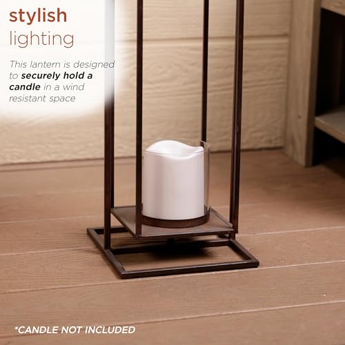 Image of Alpine Corporation 19 inch Small Rectangular Lantern with Glass Candle Holder , Outdoor Lantern for Patio, Porch, or Deck Decor, Bronze