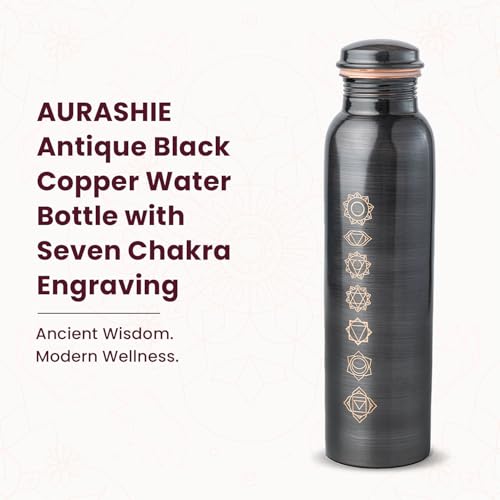Image of Pure Copper Water Bottle 1 Litre with Sacred (7 Chakras) Geometry Design | BPA Free & Leak Proof | Copper-Infused Water | Durable & Rust Proof | Ayurveda Health Benefits - (Antique Black)