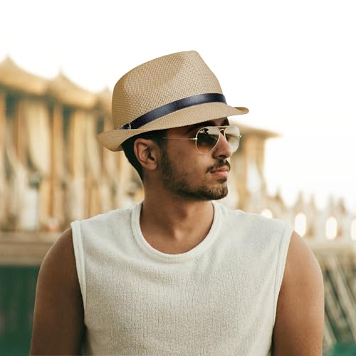 Image of Straw Trilby Fedora Hat for Men Women 1920s Panama Hat Short Brim Summer Beach Sun Hat with Band