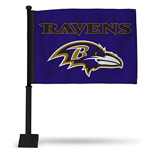 NFL Baltimore Ravens Double Sided Car Flag - 16" x 19" - Strong Black Pole that Hooks Onto Car/Truck/Automobile By Rico Industries