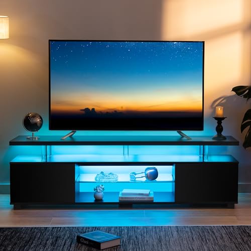 Image of Cubehom Black TV Stand for 70 inch TV, LED Entertainment Center with Storage | Adjustable LED Lighting, Acrylic Columns, Glass Shelf, Spacious Storage, Modern TV Cabinet for Living Room