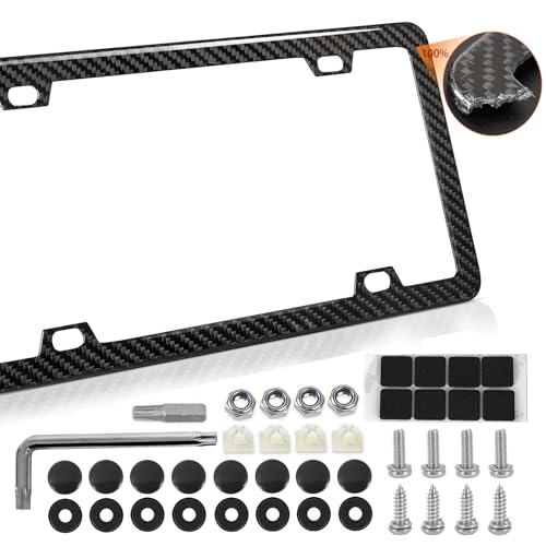 Real Carbon Fiber License Plate Frame, 100% Pure Carbon Fiber Frame, Black License Plate Holder Cover, Universal Car Tag Frame for Men/Women Gift - 1 Pack 4 Hole