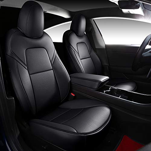 INCH EMPIRE Seat Cover Custom Fit for Tesla Model 3 Model Y Synthetic Leather Car Seat Cushion Protector for 2017 2018 2019 2020 2021 2022 All Season Customized (2 Front Black)