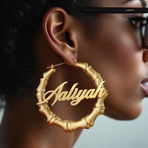 Custom Name Hoop Bamboo Earrings – Personalized Gold or Silver Earrings for Women - Gift For Women, Christmas, Mother Day, Birthday Gifts For Women2