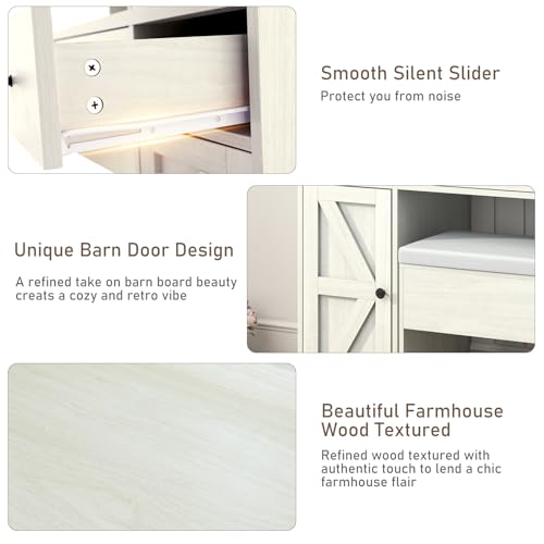 jiteentarou Farmhouse Vanity Desk w/Mirror and Lights, 43\" LED Vanity Table Makeup Desk w/Outlet,3 Drawers 2 Cabinets,11 Storage Shelves, Large Rustic White Vanity Set w/Stool for Women, Girls