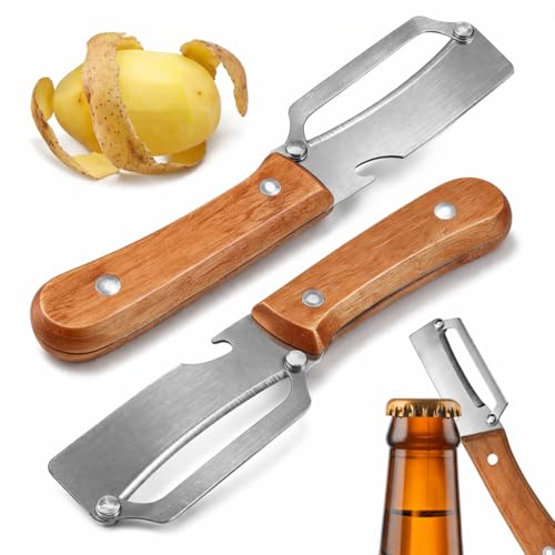 Image of 2026 Upgrade Vegetable Peeler With Wooden Handle, Stainless Steel Wide Blade Potato and Carrot Peeler, 2-in-1 Veggie Peeler With Bottle Opener for Kitchen, Camping and Travel (2PCS)