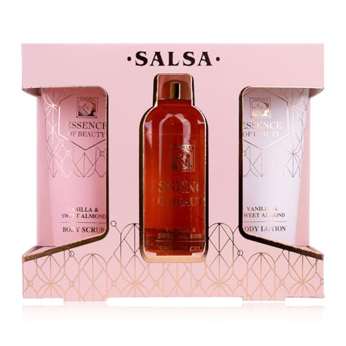 Accentra Set de ducha SALSA ESSENCE OF BEAUTY para mujeres, gel de ducha, loción corporal, exfoliante, aroma Vainilla y Almendra Dulce, caja de regalo, lujo para damas