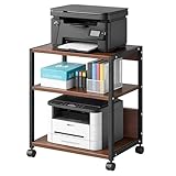 leafence 3-Tier Printer Stand with Storage, Adjustable Shelves, Lockable Wheels, Stable Steel Frame for Home & Office Rustic Brown & Black