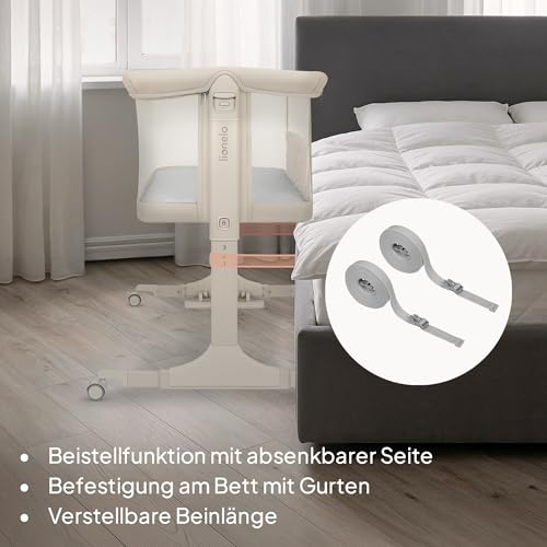 Lionelo Pari Beistellbett 3in1, 6-Fach höhenverstellbar mit Neigungsverstellung für Boxspringbett, als Wiege & Babybett, Netzseiten, Rollen mit Bremse, Matratze, Gurte, Transporttasche, 84 x 48 cm